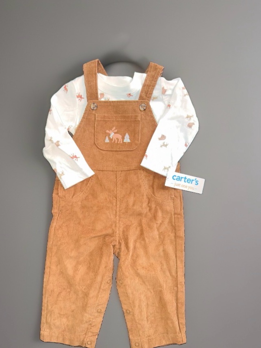 Carter's Just One You 2pc Moose Long Sleeve Tee & Corduroy Overalls 12M NWT